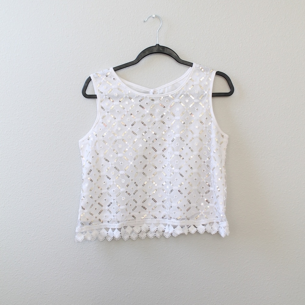 🆕White‎ & Gold Embellished Mesh Top